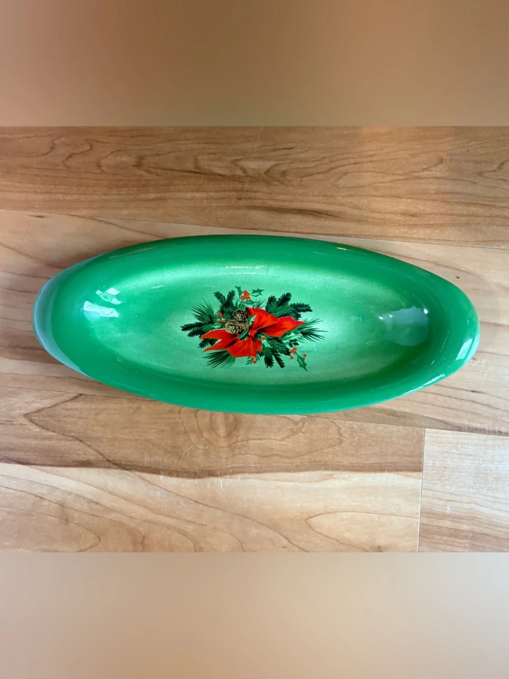 Vintage Green Christmas Serving Tray with Poinsettia Motif